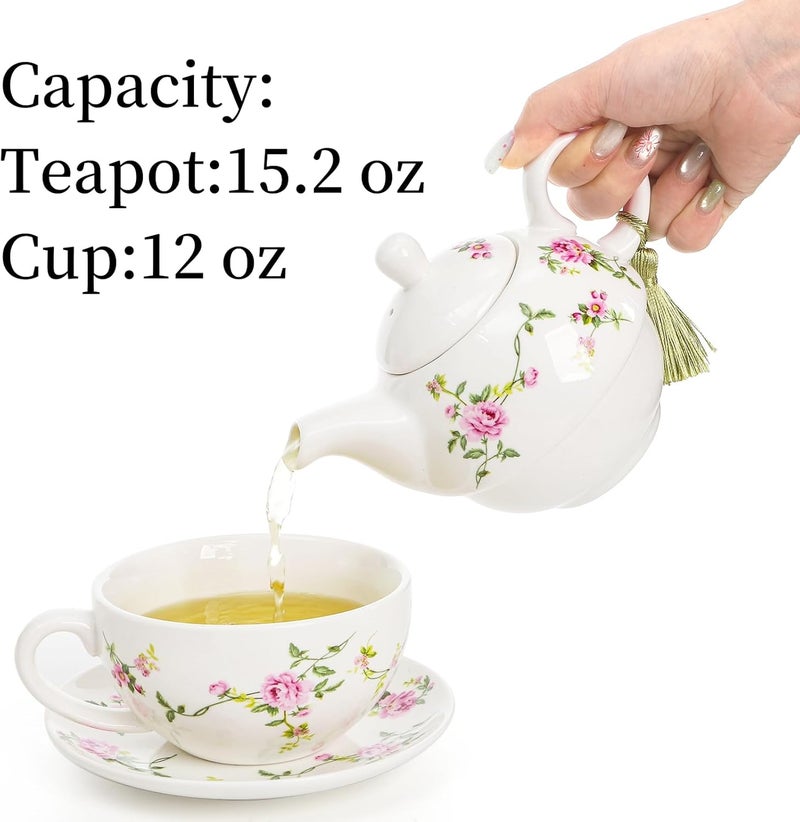 Coloch Tea for One Set, Porcelain Teapot Cup and Saucer Set with Tassel Vintage Floral Ceramic Tea Set for One for Women, Home, Office, Afternoon Tea, Rattan Flower Design - Image 4