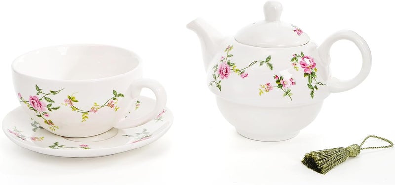 Coloch Tea for One Set, Porcelain Teapot Cup and Saucer Set with Tassel Vintage Floral Ceramic Tea Set for One for Women, Home, Office, Afternoon Tea, Rattan Flower Design - Image 5