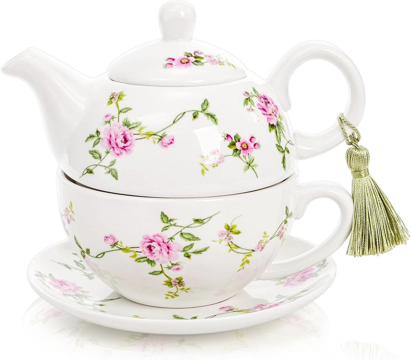 Coloch Tea for One Set, Porcelain Teapot Cup and Saucer Set with Tassel Vintage Floral Ceramic Tea Set for One for Women, Home, Office, Afternoon Tea, Rattan Flower Design - Image 1