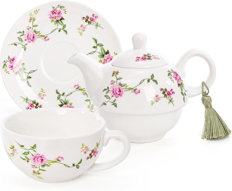Coloch Tea for One Set, Porcelain Teapot Cup and Saucer Set with Tassel Vintage Floral Ceramic Tea Set for One for Women, Home, Office, Afternoon Tea, Rattan Flower Design - Image 3