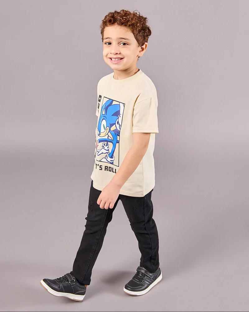 Redtag Boys Junior Beige Sonic Printed T-Shirt