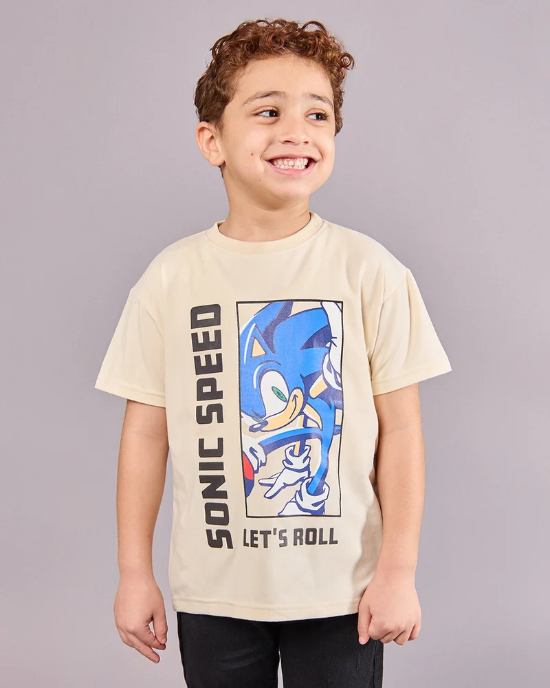 Redtag Boys Junior Beige Sonic Printed T-Shirt