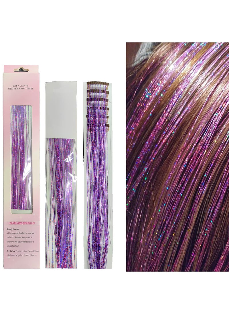 La Bella - 47 Holographic Hair Tinsel Shining Gold Professional Sparkle HeatResistant Silk Extensions Hair Accessories for Girls Party Hair Gifts for Girls 6PCs Clip in Hair Tinsel Kit Shining Purple - Image 1
