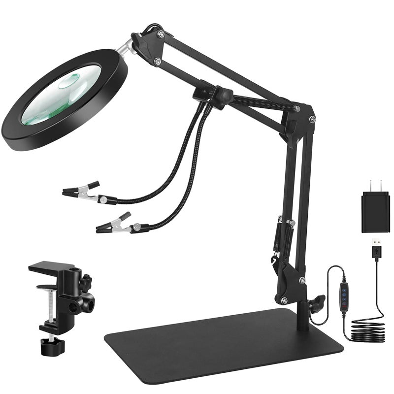 Toolour 5X10X Magnifying Glass Light with Stand Table Clamp Lighted Magnifier Lamp for Close Work Crafting Model Sewing Jewelry Soldering Reading HD Magnification for Details Helping Hand