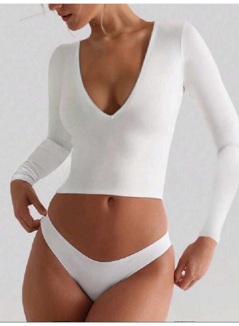 MANIKAN Women's Undershirt Deep V-Neck Long Sleeve Crop Top  Form-Fitting - Image 1