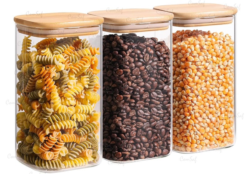 ComSaf Airtight Glass Storage Canister with Wooden Lid Square Kitchen Storage for Nuts Coffee Flour Rice Sugar Tea 1500ml Set of 3 - Image 1