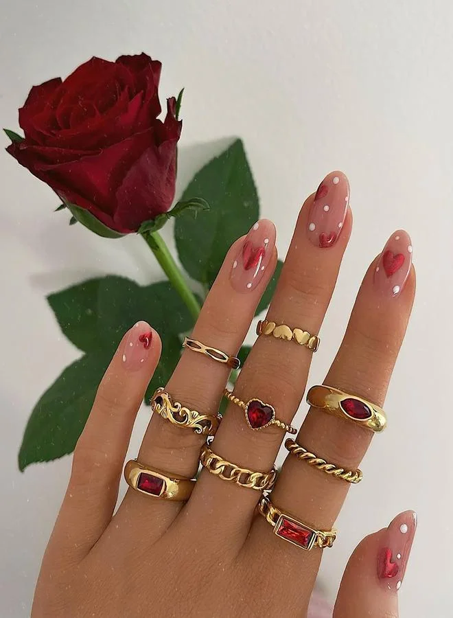 Take Two Take Two Set of 9 - Red Heart Accent Embellished Rings