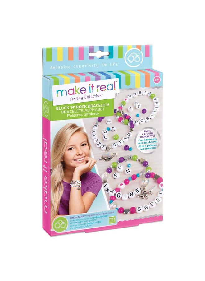 Make It Real Make It Real: Block ‘N Rock Bracelets Kit - Create 4 Unique Letter Charm Bracelets, 147 Pieces, Includes Play Tray, All-In-One, DIY Bead Jewelry Kit, Tweens & Girls, Arts & Crafts, Kids Ages 8+  - Image 1