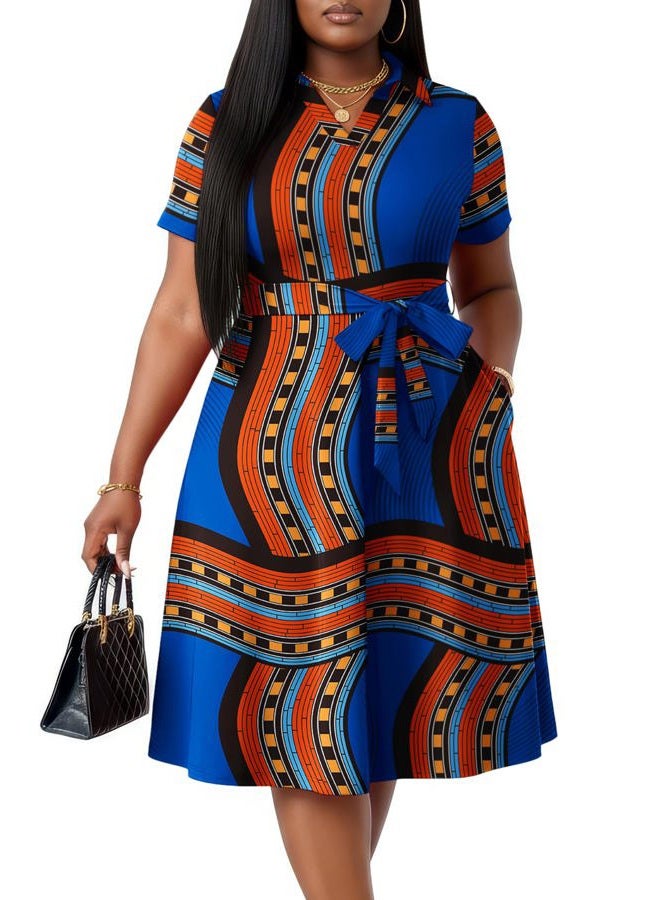 FANDEE Plus Size Dresses, Women Summer Casual V Neck Short Sleeve A-Line Work Cocktail Shirt Midi Dress with Belt and Pockets, Royal Blue Print, XXL - Image 1