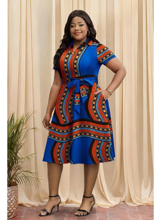 FANDEE Plus Size Dresses, Women Summer Casual V Neck Short Sleeve A-Line Work Cocktail Shirt Midi Dress with Belt and Pockets, Royal Blue Print, XXL - Image 3