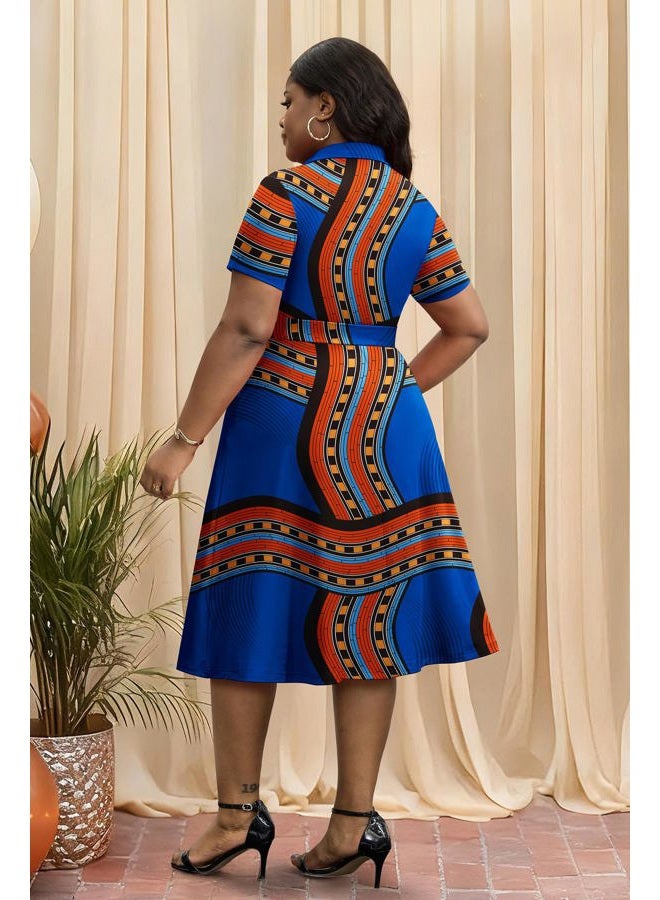 FANDEE Plus Size Dresses, Women Summer Casual V Neck Short Sleeve A-Line Work Cocktail Shirt Midi Dress with Belt and Pockets, Royal Blue Print, XXL - Image 5