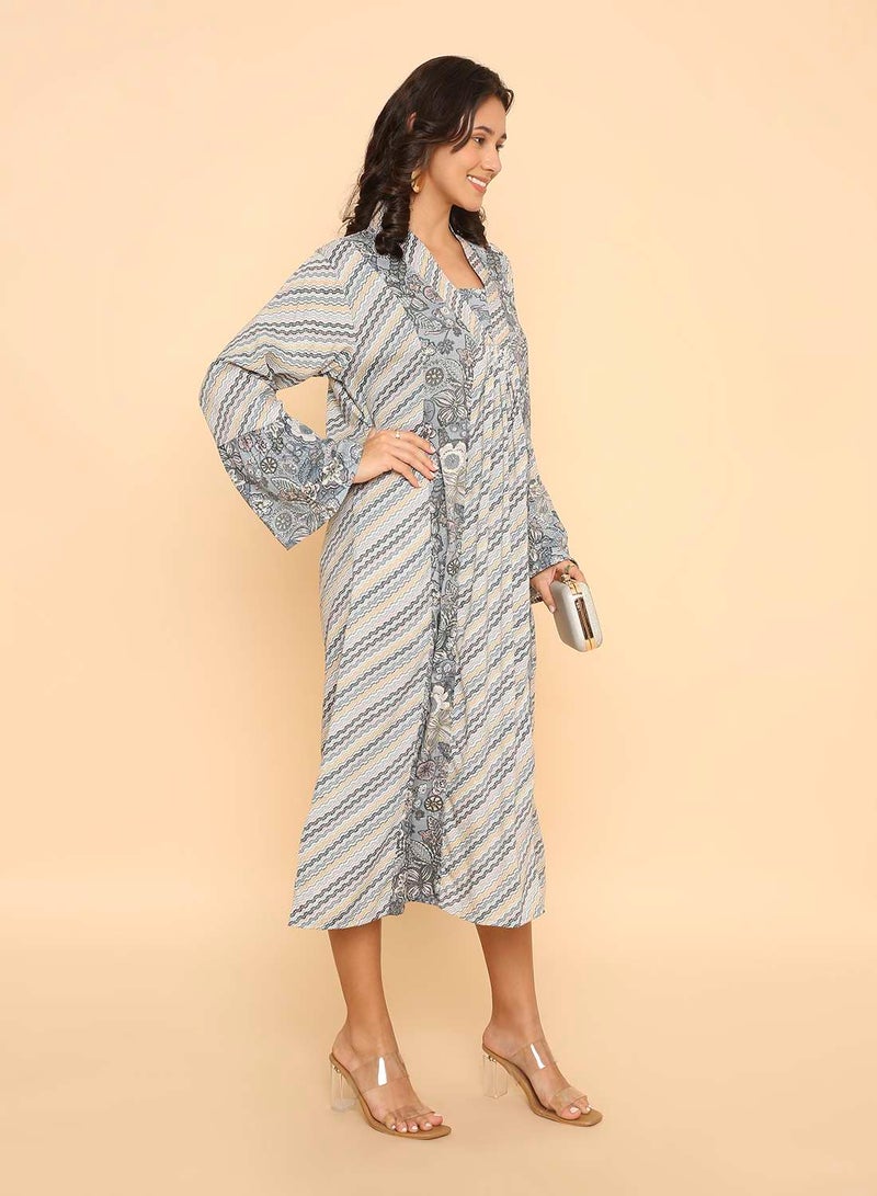 HANA & SARA Elegant Dusty Blue Floral Print Arabic Jalabiya Dress - Image 4