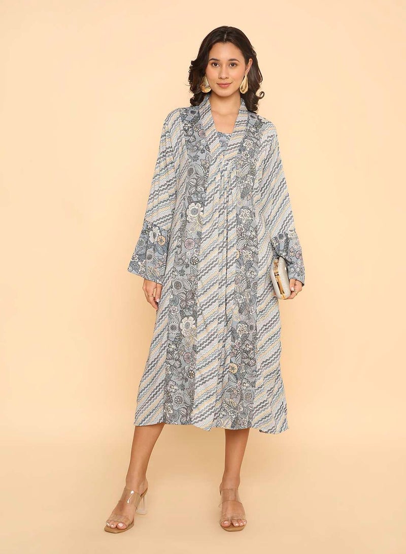 HANA & SARA Elegant Dusty Blue Floral Print Arabic Jalabiya Dress - Image 1