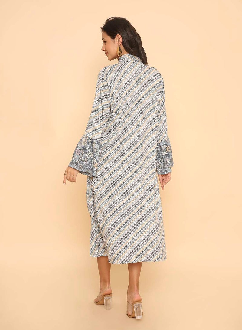 HANA & SARA Elegant Dusty Blue Floral Print Arabic Jalabiya Dress - Image 2