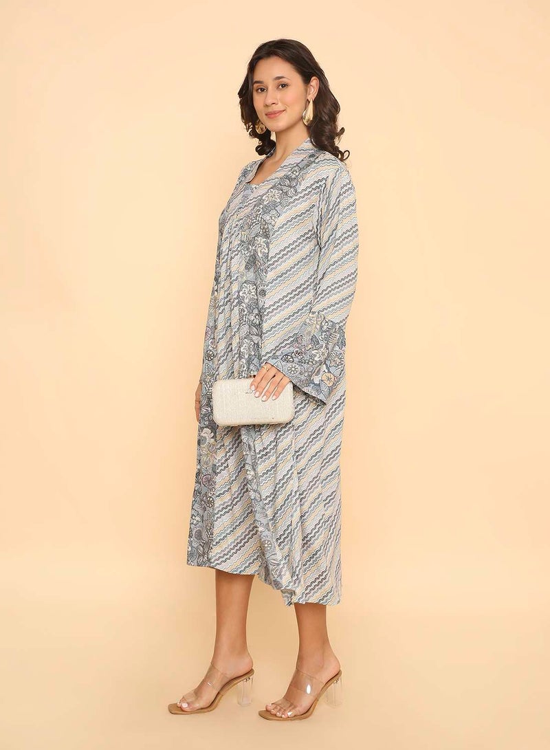 HANA & SARA Elegant Dusty Blue Floral Print Arabic Jalabiya Dress - Image 5
