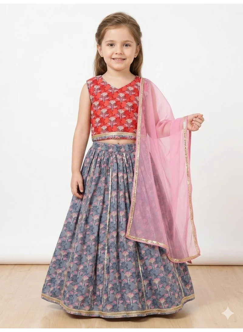 Saka Designs Girls Floral Printed Cotton Lehenga Set With Dupatta