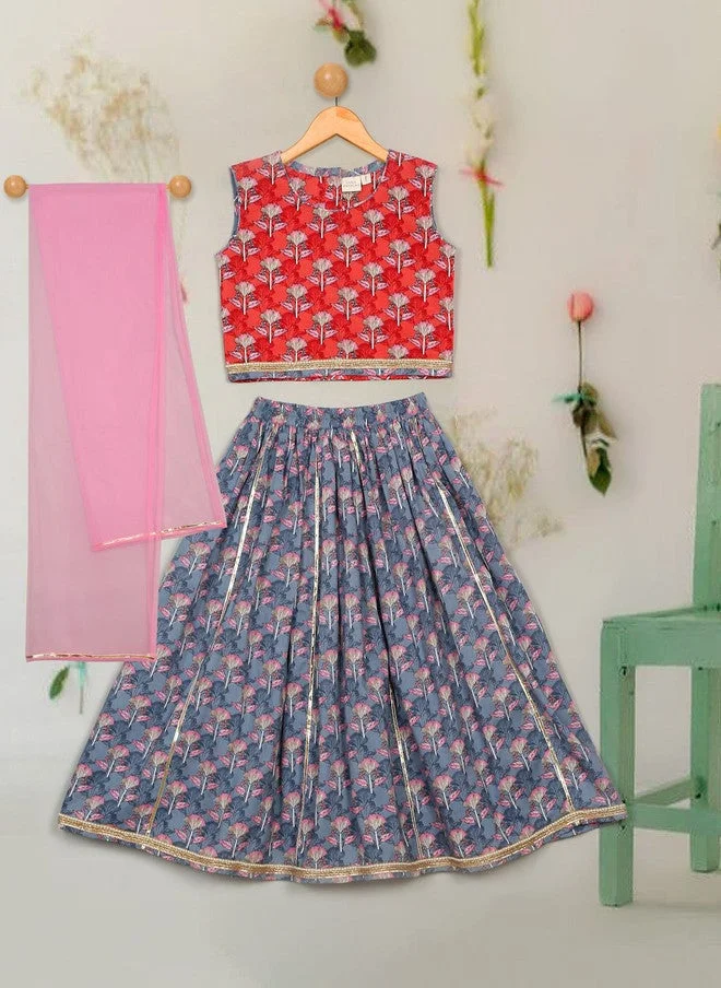 Saka Designs Girls Floral Printed Cotton Lehenga Set With Dupatta