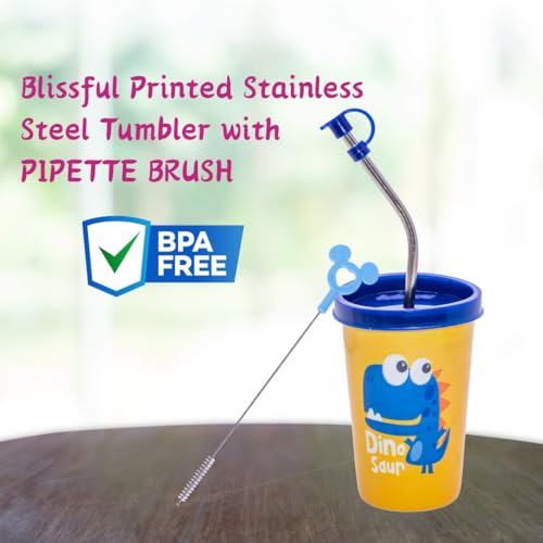 Adore Blissful Printed Stainless Steel Tumbler with Straw, Spill Proof Lid, Straw Cleaning Brush and Hole Lid 350ml (Dinosour) - Image 3
