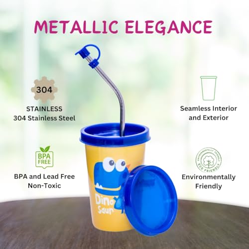 Adore Blissful Printed Stainless Steel Tumbler with Straw, Spill Proof Lid, Straw Cleaning Brush and Hole Lid 350ml (Dinosour) - Image 5