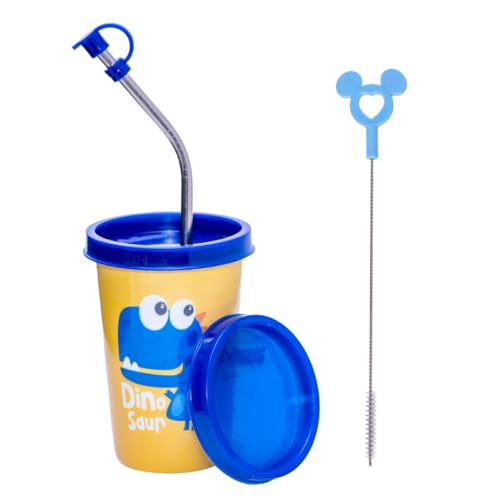 Adore Blissful Printed Stainless Steel Tumbler with Straw, Spill Proof Lid, Straw Cleaning Brush and Hole Lid 350ml (Dinosour) - Image 1