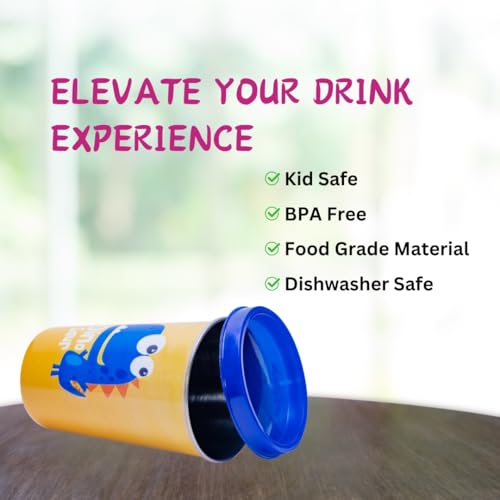 Adore Blissful Printed Stainless Steel Tumbler with Straw, Spill Proof Lid, Straw Cleaning Brush and Hole Lid 350ml (Dinosour) - Image 4