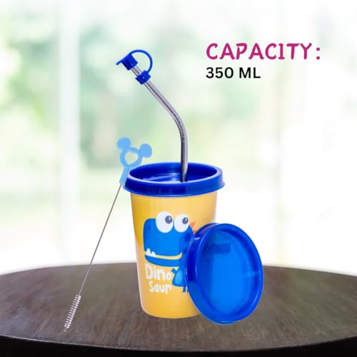 Adore Blissful Printed Stainless Steel Tumbler with Straw, Spill Proof Lid, Straw Cleaning Brush and Hole Lid 350ml (Dinosour) - Image 2
