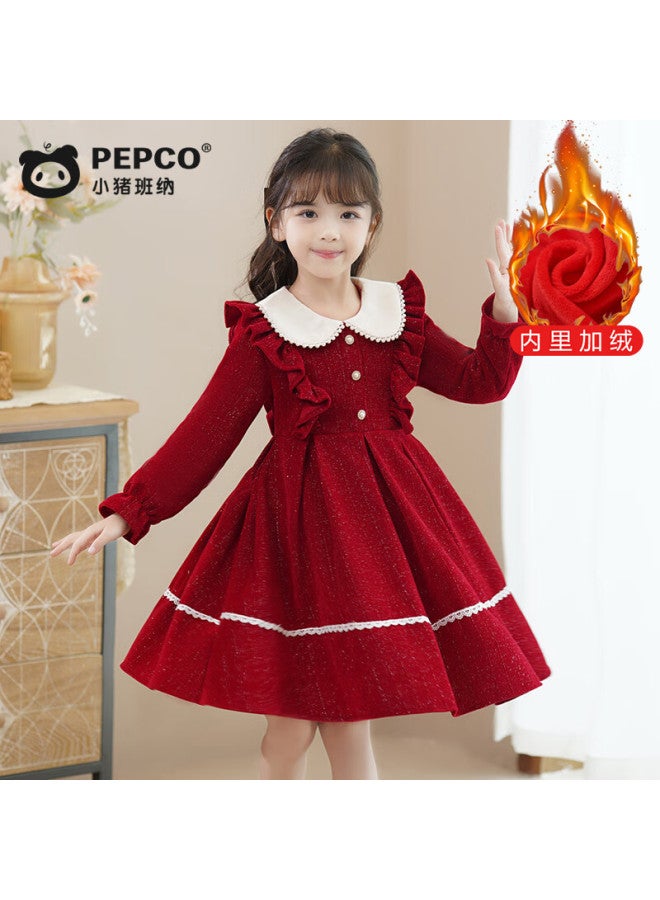 Pepco Girls' Winter Red Dress Fleece-lined Children's Winter Dress Princess Dress Red Size 100 - Image 1