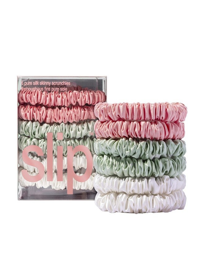 SLIP Bellerose Silk Skinny Scrunchies - 100% 22 Momme Mulberry Silk Hair-Friendly Elastic Set (6 Luxurious Scrunchies for Women) - Image 1