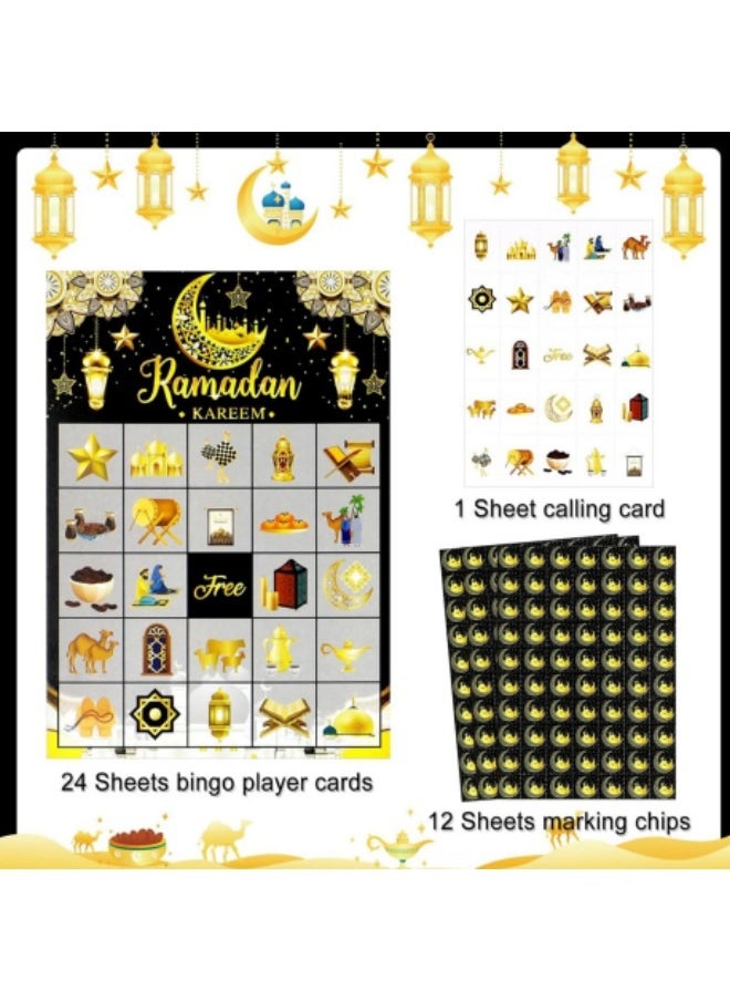 GGEROU Ramadan Bingo Game Cards Set for Ramadan Family Activities，Eid Ramadan Mubarak Bingo Game 24 Players Ramadan Bingo Cards Black  - Image 2