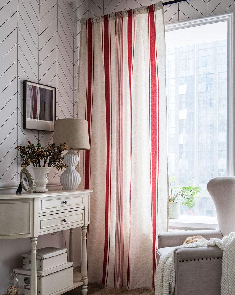 vctops Cotton Linen Striped Window Curtain Farmhouse Country Style Room Darkening Rod Pocket Curtain Panel for Bedroom Living Room  1 Piece (Red 59""x94"")