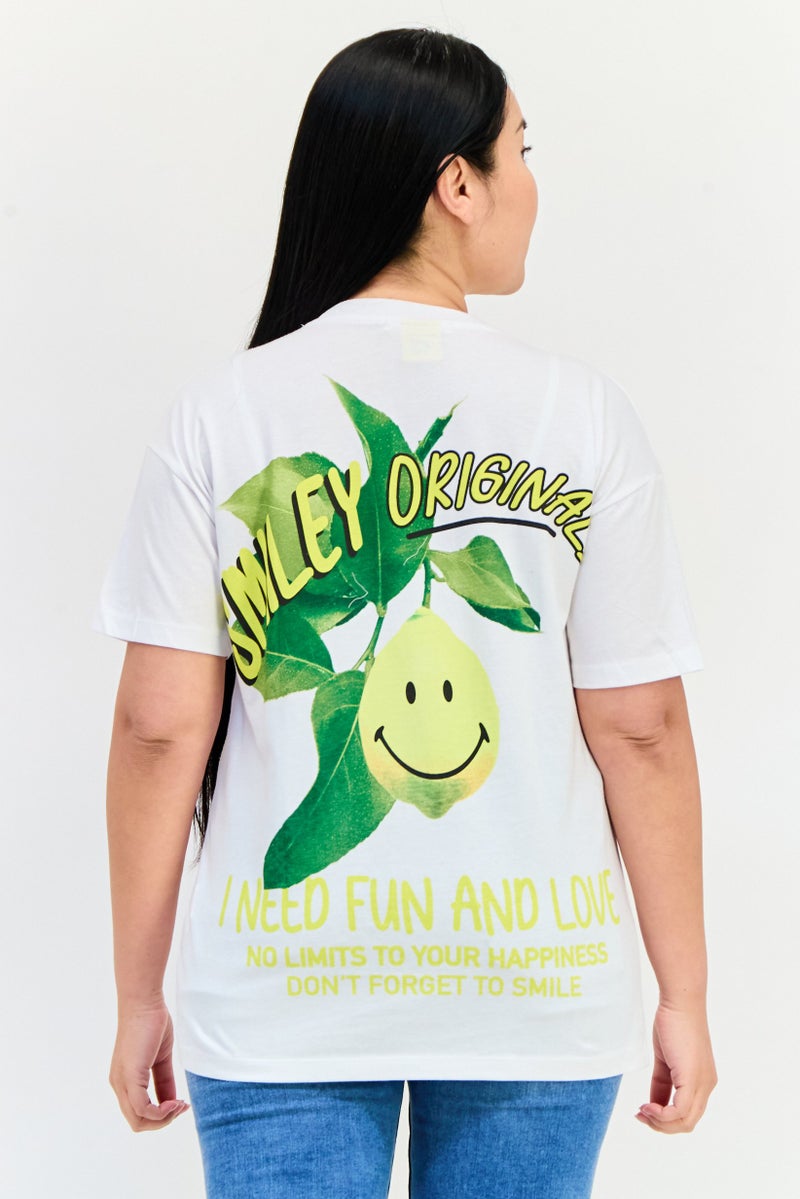 Pull & Bear Pull Bear x Smiley Women Crew Neck Short Sleeve Graphic Print T-Shirt, White  - Image 3