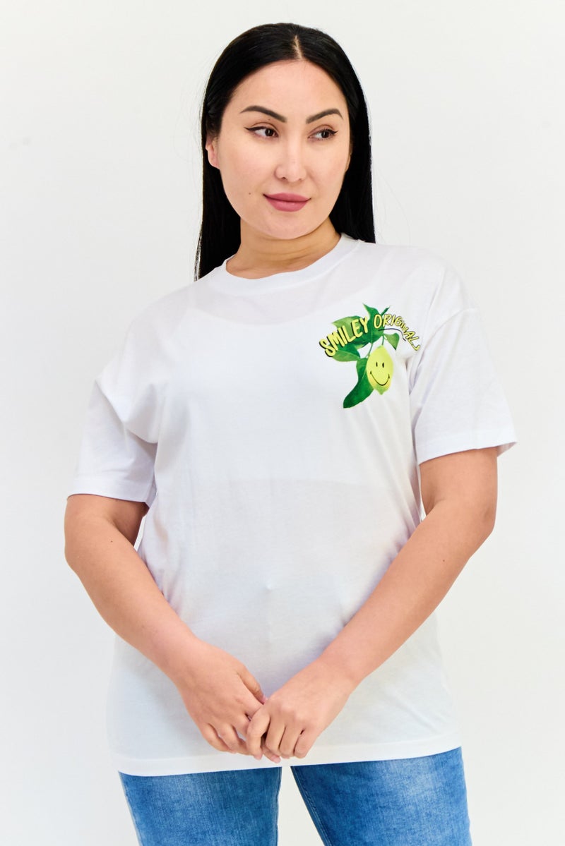 Pull & Bear Pull Bear x Smiley Women Crew Neck Short Sleeve Graphic Print T-Shirt, White  - Image 1