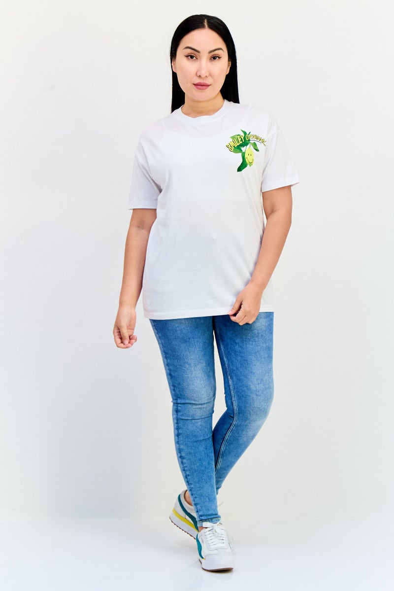 Pull & Bear Pull Bear x Smiley Women Crew Neck Short Sleeve Graphic Print T-Shirt, White  - Image 4