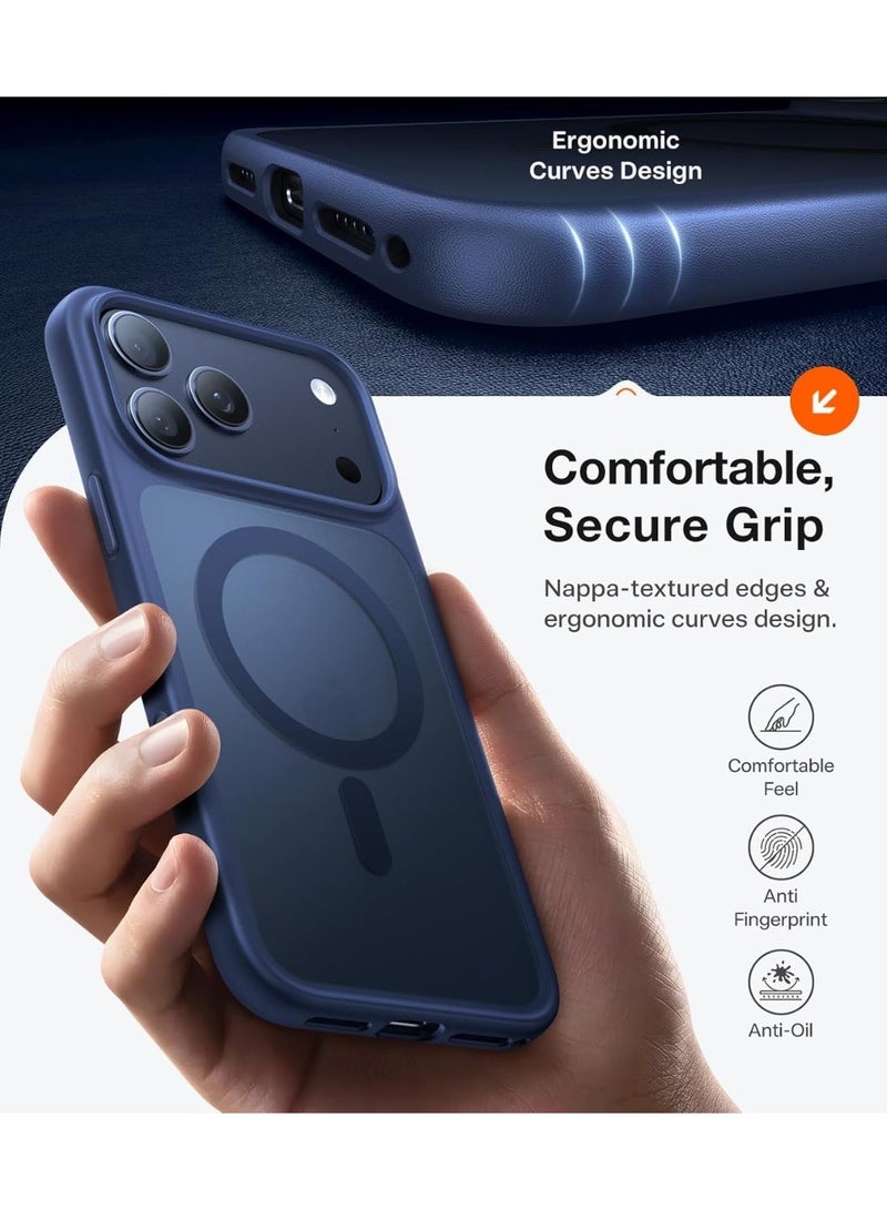 الخامس لطيفة غطاء هاتف مغناطيسي بملمس جلدي ومظهر مطفي لـ iPhone 17 Pro Max، متوافق مع ماج سيف، مضاد للصدمات وحماية كاملة، اللون أزرق داكن - Image 3