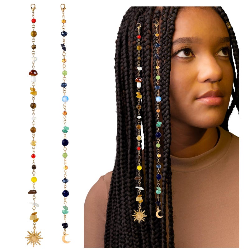 Shimmeroo 2Pcs Loc Jewels for Black Women,Hair Charms for Braids Long Colorful Loc Charms with Sun Moon Hair Accessories Hairstyle Decoration - Image 1