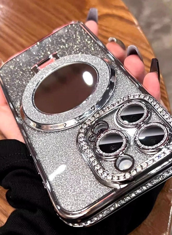 Magnetic Glitter Case for iPhone 16 Pro Max，with Bling Camera Lens Protector，Sparkly Stand，Mirror， Luxury Gradient Shockproof  iPhone 16 Pro Max Cover，Silver - Image 4