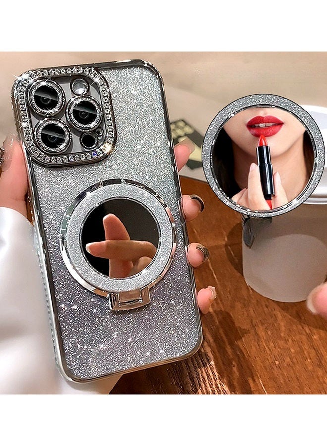Magnetic Glitter Case for iPhone 16 Pro Max，with Bling Camera Lens Protector，Sparkly Stand，Mirror， Luxury Gradient Shockproof  iPhone 16 Pro Max Cover，Silver - Image 3