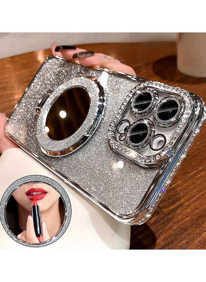 Magnetic Glitter Case for iPhone 16 Pro Max，with Bling Camera Lens Protector，Sparkly Stand，Mirror， Luxury Gradient Shockproof  iPhone 16 Pro Max Cover，Silver - Image 2