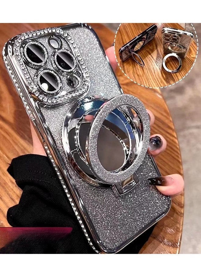 Magnetic Glitter Case for iPhone 16 Pro Max，with Bling Camera Lens Protector，Sparkly Stand，Mirror， Luxury Gradient Shockproof  iPhone 16 Pro Max Cover，Silver - Image 5