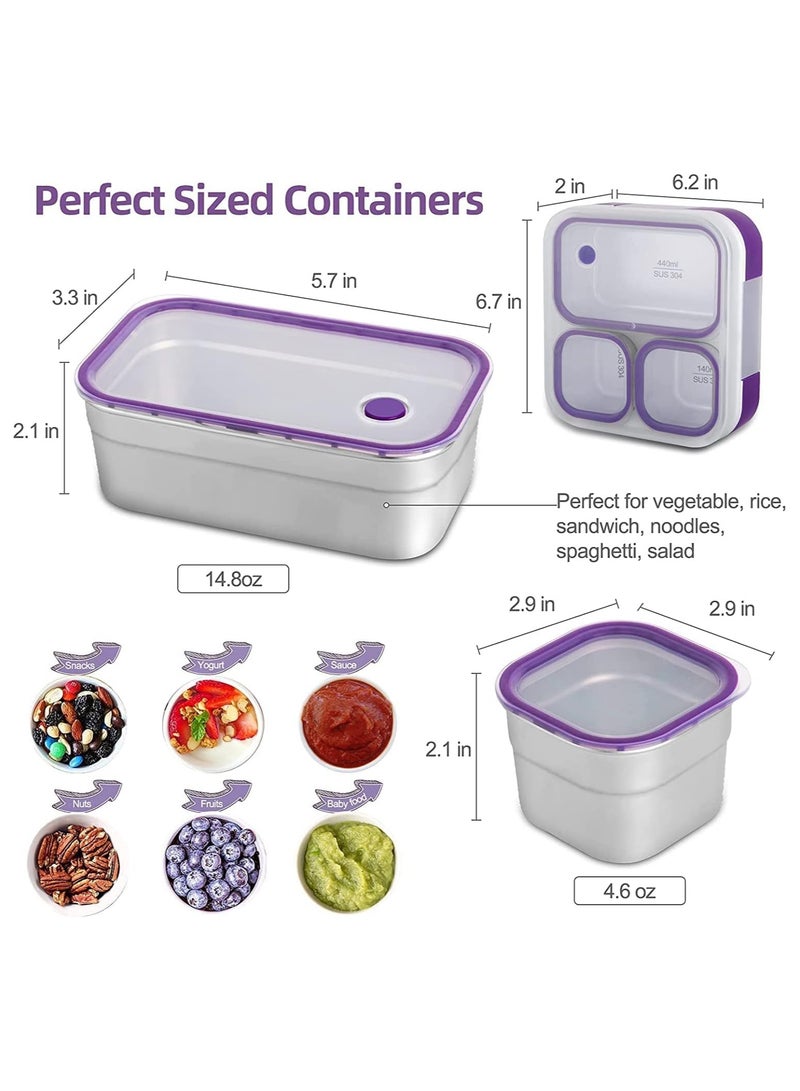 Kids School Stainless Steel Lunch Box Insulated Bento Lunch Box with Storage Bag 3 Compartments Divided Lunch Container with Lid Tableware (Purple 720ML) - Image 2