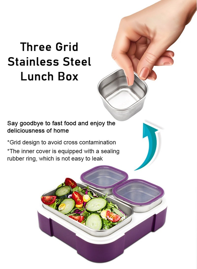 Kids School Stainless Steel Lunch Box Insulated Bento Lunch Box with Storage Bag 3 Compartments Divided Lunch Container with Lid Tableware (Purple 720ML) - Image 4