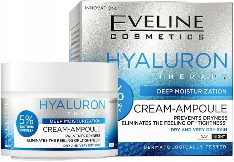 EVELINE COSMETICS أمبول كريم إيفلين كوزمتيكس للعلاج الهيالوروني لنهار وليلة للبشرة الجافة والجافة جداً - 50 مل