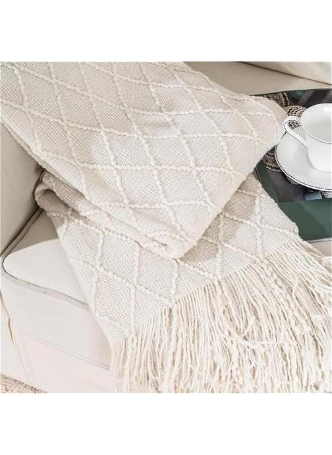 MIXDE Knitted Throw Blankets for Couch and Bed,Soft Cozy Knit Blanket with Tassel,Lightweight Decorative Blankets and Throws,Farmhouse Warm Woven Blanket for Men and Women (Beige, 127 * 180cm)  - Image 1