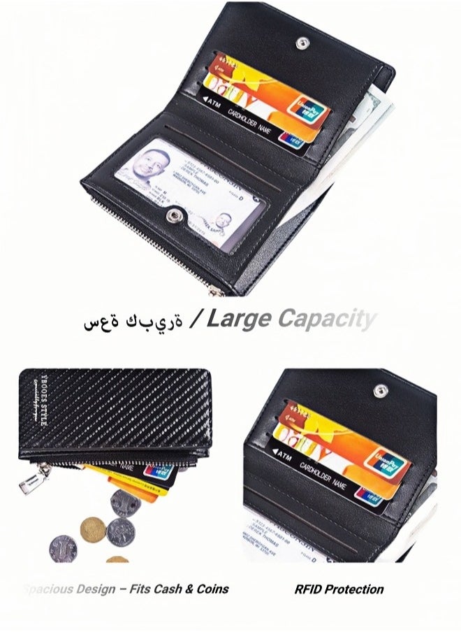 ARUWA Zippered Leather Mens Wallet Black, Card Holder Minimalist Design for Pocket Card Capacity ID Window Cash Slot  - Image 3