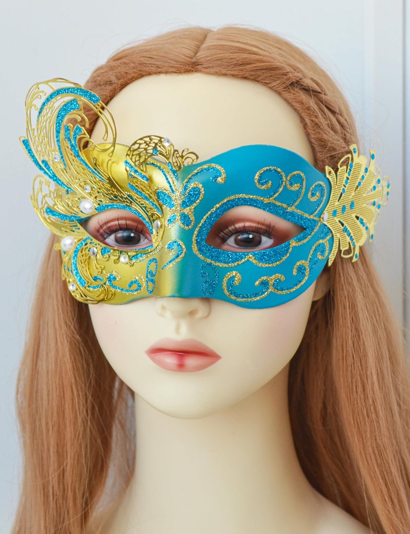 MYSEUNI 2025 New Gold and Blue Masquerade Mask for Women-Butterfly Masquerade Eye Mask - Peacock Metal Filigree Venetian Masks-Perfect for Halloween Parties, Costume Party, Carnivals, Wedding - Image 5