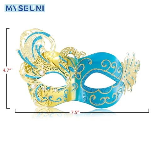 MYSEUNI 2025 New Gold and Blue Masquerade Mask for Women-Butterfly Masquerade Eye Mask - Peacock Metal Filigree Venetian Masks-Perfect for Halloween Parties, Costume Party, Carnivals, Wedding - Image 3