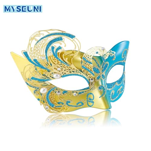 MYSEUNI 2025 New Gold and Blue Masquerade Mask for Women-Butterfly Masquerade Eye Mask - Peacock Metal Filigree Venetian Masks-Perfect for Halloween Parties, Costume Party, Carnivals, Wedding - Image 2