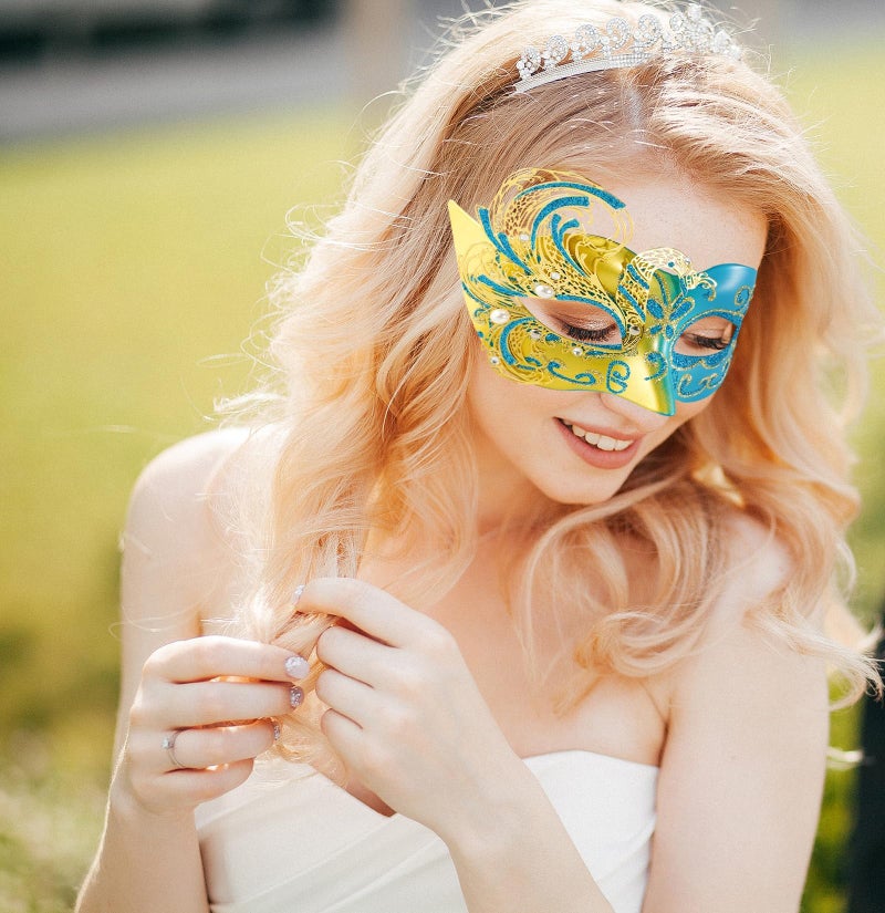 MYSEUNI 2025 New Gold and Blue Masquerade Mask for Women-Butterfly Masquerade Eye Mask - Peacock Metal Filigree Venetian Masks-Perfect for Halloween Parties, Costume Party, Carnivals, Wedding - Image 4