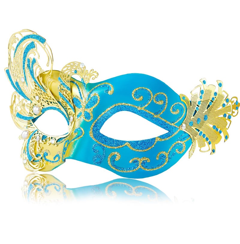 MYSEUNI 2025 New Gold and Blue Masquerade Mask for Women-Butterfly Masquerade Eye Mask - Peacock Metal Filigree Venetian Masks-Perfect for Halloween Parties, Costume Party, Carnivals, Wedding - Image 1