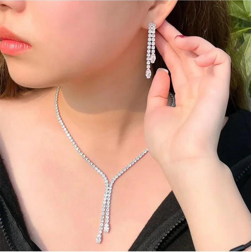 باهلس Silver Plated Zircon Stone Rhinestone Waterway Necklace Earring Set Bridal Set Party Invitation Set
